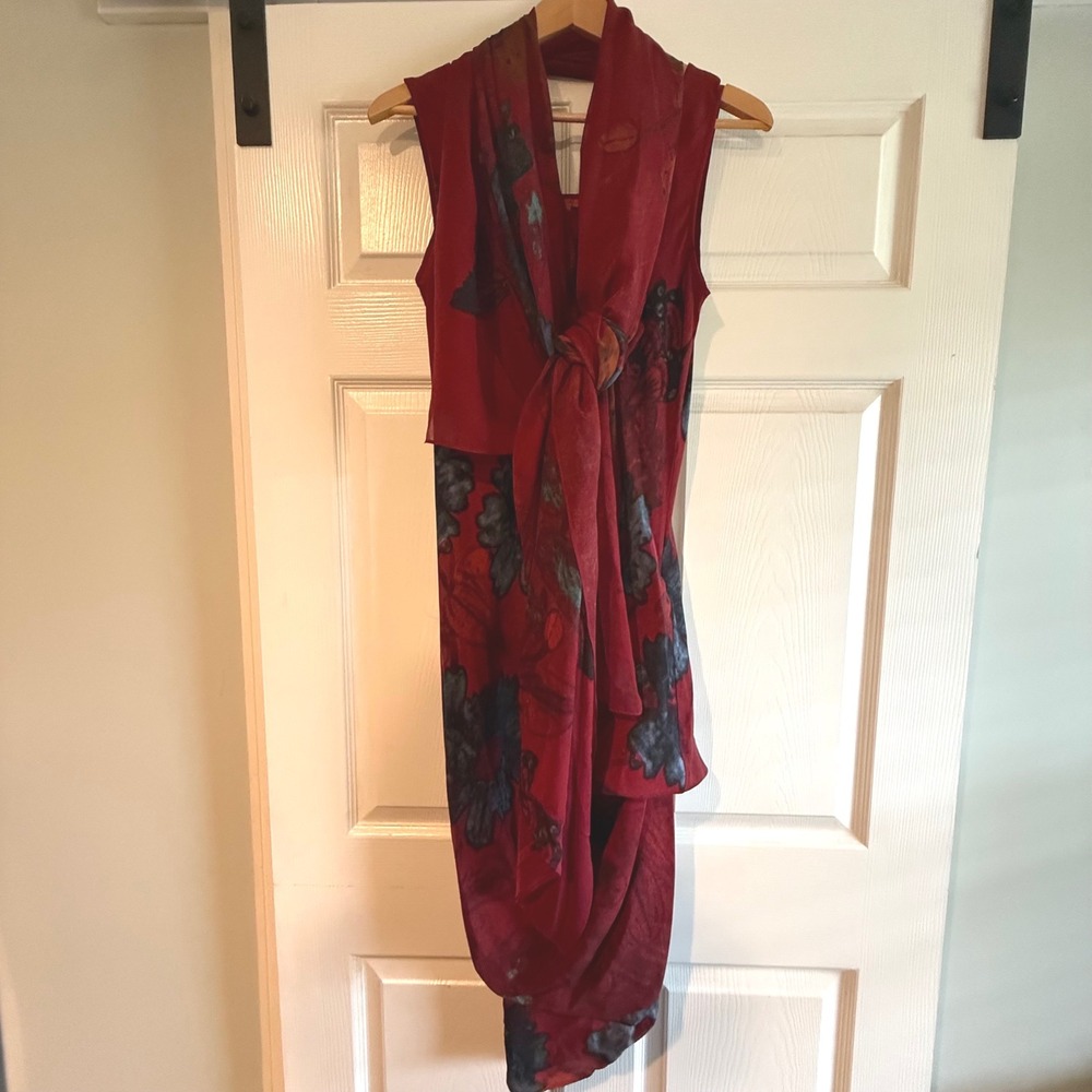Marari 100% Silk Artsy Dress M Red Floral Asymmetrical Adjustable Hem Scarf